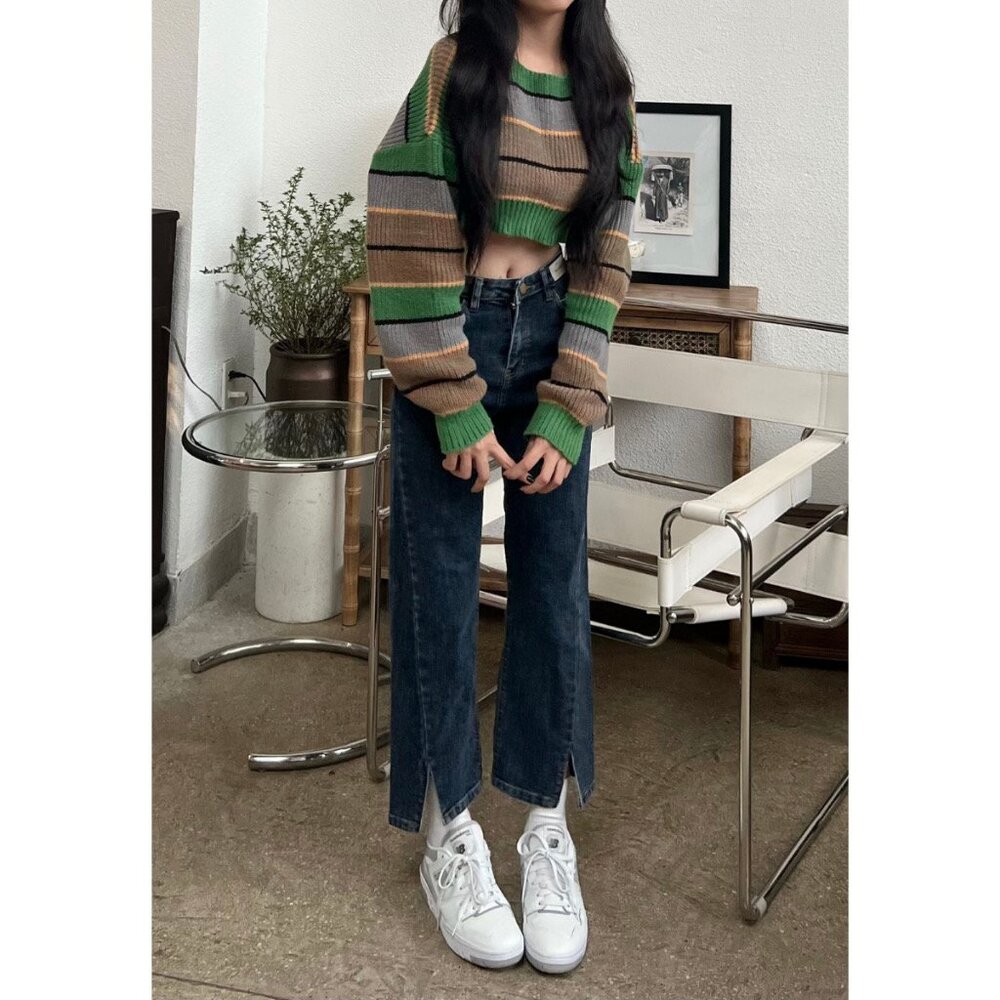 Hem Split Jeans in Dark Blue